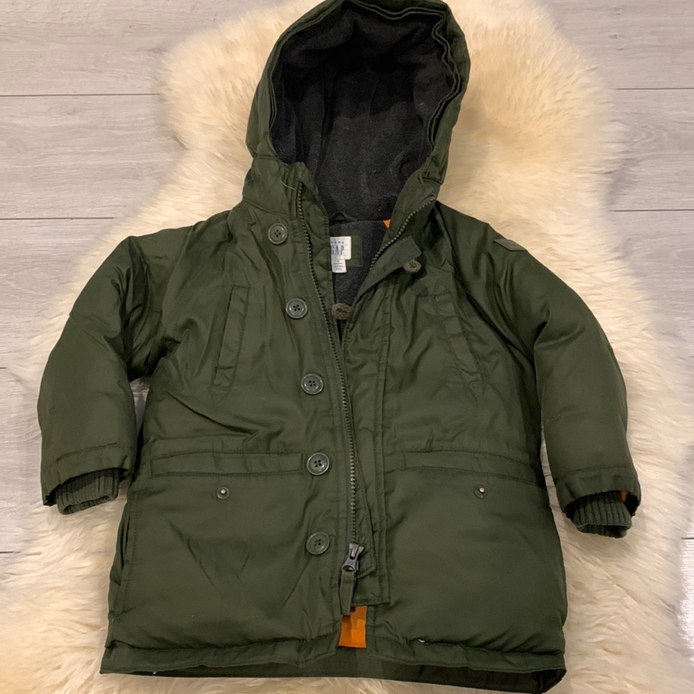 Baby Gap Army Green/Orange Winter Thick Down Puffer Jacket Interior Lining in 3T